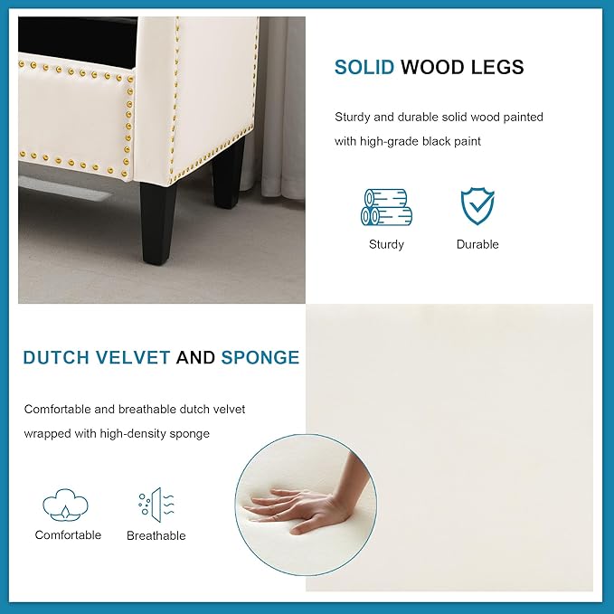 Storage Ottoman Bench, Velvet Upholstered Footstool for Bedroom and Living Room, Tufted Seat with Storage, Wooden Legs & Metal Rivets, Beige