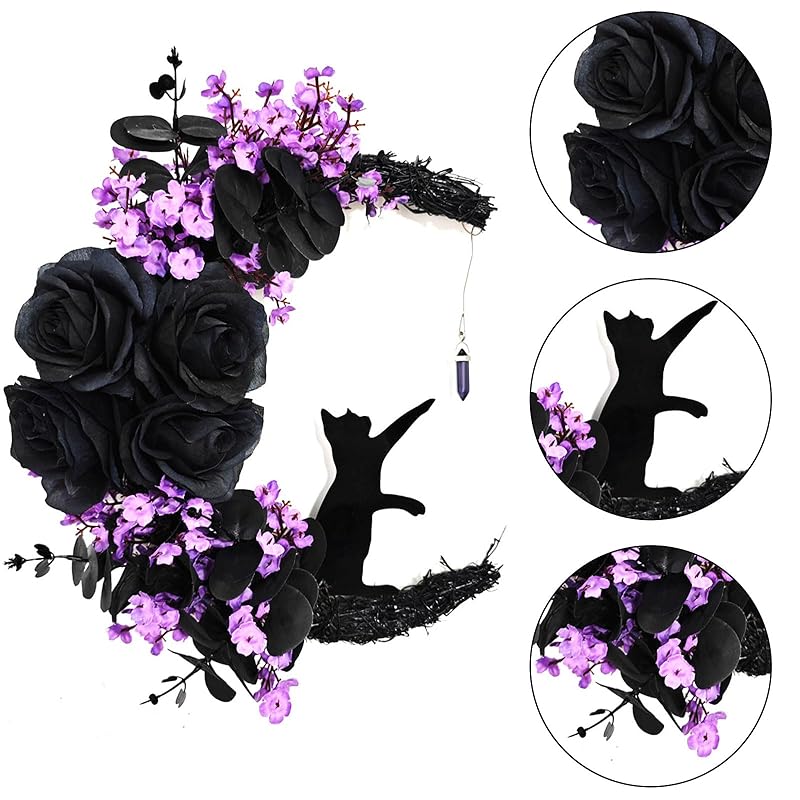 Halloween Wreaths for Front Door with Light, Black Cat Crescent Moon Wreath, Cute Cat Garland Halloween Door Decorations for Outdoor Indoor Decor Wall Window Home Party