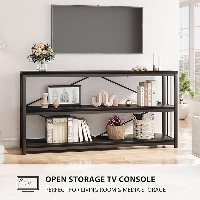 LVB Black Entryway Table, Modern Narrow Console for Hallway, Industrial Farmhouse Foyer Table with Storage Shelves, 63 Inch