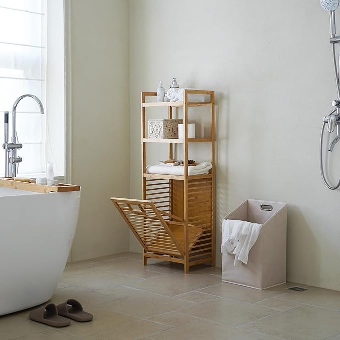 Laundry Hamper with 3 Tier Shelves & Tilt Out Basket, Laundry Baskets Organizer Hampers Bathroom Storage Shelf for Laundry Room, Bathroom, Guest Room (3-Tier Small)