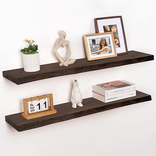 RICHFOCUS Live Edge Elm Floating Shelves - 40" W x 9.3" D Rustic Solid Wood Wall Shelves with Invisible Bracket, Wall-Mounted for Living Room, Bedroom, Kitchen Storage & Display, Set of 2, Walnut