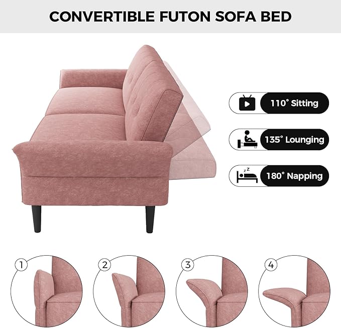 89” Futon Sofa Bed, Velvet Fabric Futon Couch Bed with 2 Square Pillows, Convertible Sleeper Sofa with Adjustable Backrest& Armrests, Modern Loveseat Sleeper for Living Room, Bedroom, Pink