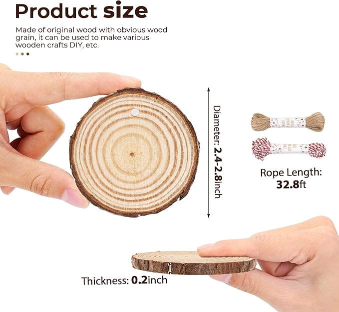 50 Pcs Wood Slices with Hole, 2.3"-2.8" Unfinished Wood, Wood Rounds for Crafts, Wood Crafts, Round Wood for Doodle, Splice, Paint, Art, Decorate, Ornament
