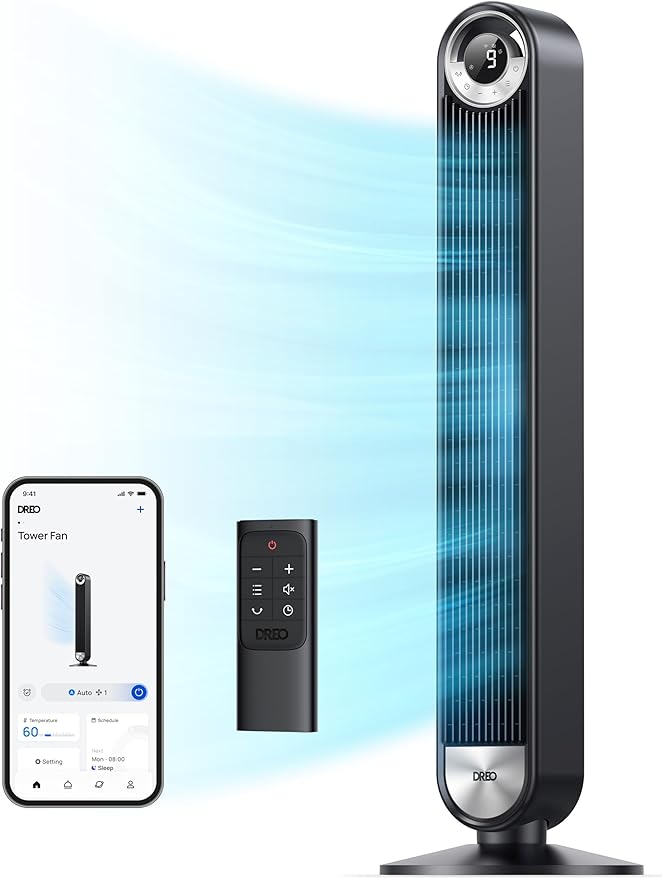 Dreo Tower Fan for Bedroom, 90° Oscillating Standing Floor Fan with 28ft/s Velocity, 25dB Quiet for Sleep, DC Motor, 9 Speeds, 4 Modes, 12H Timer, Voice & APP & Remote Control, 42" Cruiser Pro T2 S