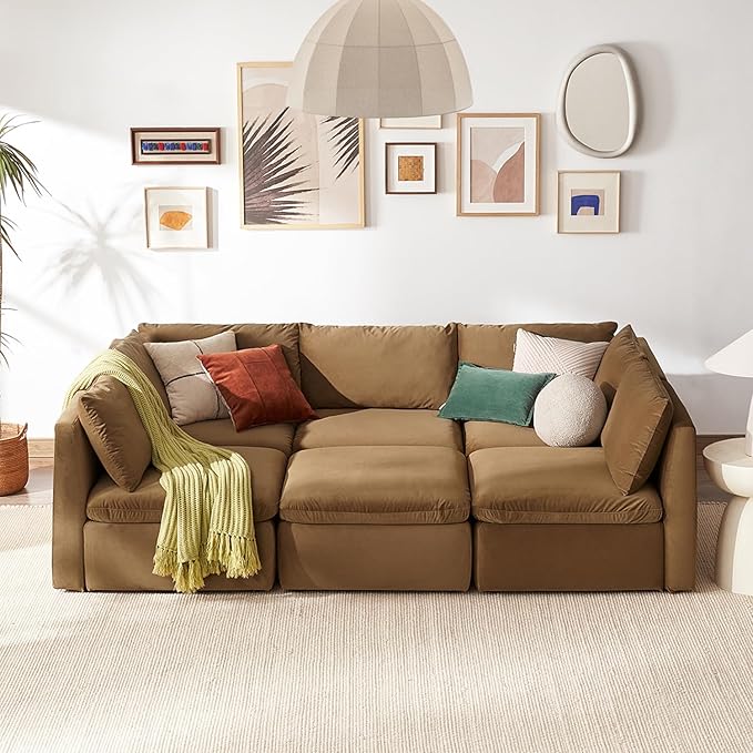 mopio Oversized Modular Sectional Sofa with Fully Removable Covers and Storage, Convertible U, L-Shaped and Sleeper Sectional, Modern Couches with Ottoman Chaise (Hazelnut Velvet, 6 Seats, Sleeper)