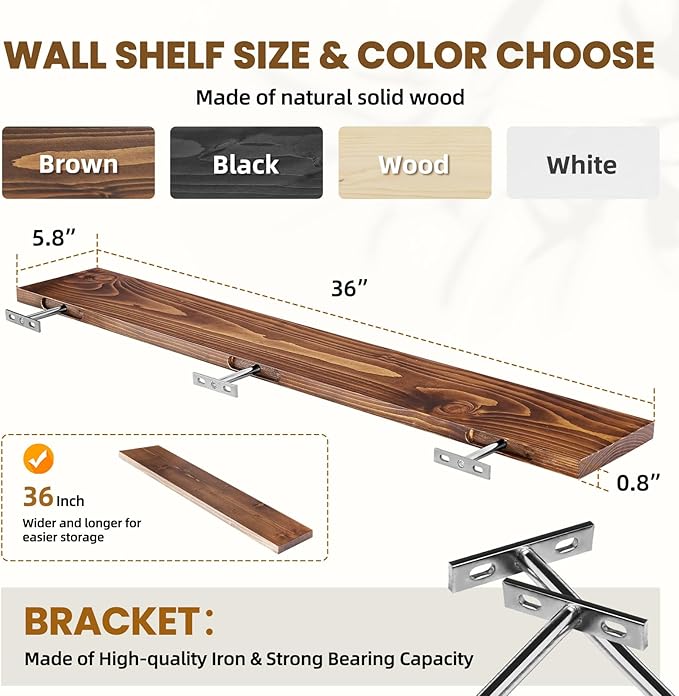 Floating Wall Shelves 2-Pack - 36-Inch Rustic Brown Wooden Shelves for Storage and Décor, Easy Installation for Living Room, Bedroom, and Kitchen