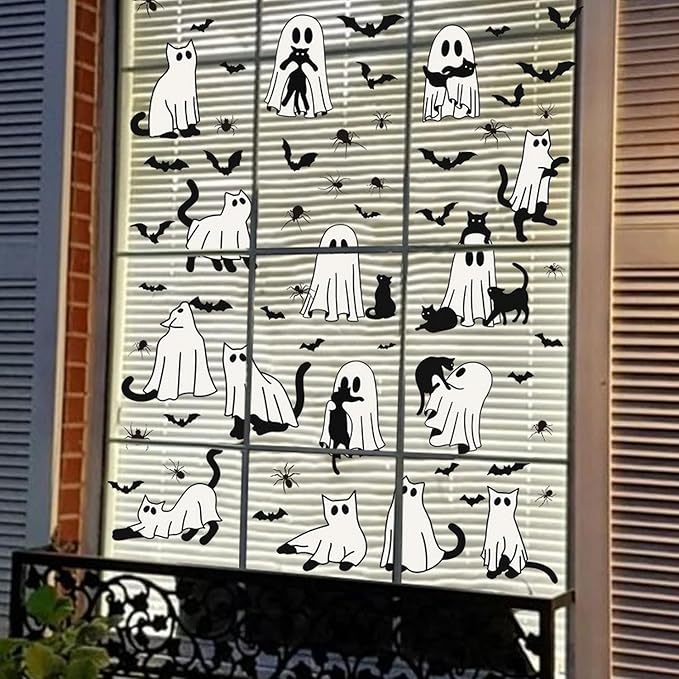 Halloween Ghost Window Clings for Glass 6 Sheets Cute Window Decals Spooky Window Stickers Cat Spider Reusable Windows Cling for Halloween Fall Party Home School Office Glass Supplies Decorations