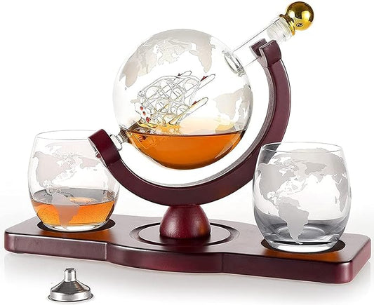 Gifts for Men Dad Husband from Wife Daughter Son, Unique Christmas Anniversary Birthday Gifts for Him, Whiskey Decanter Globe Set with 2 Glasses, Bourbon Scotch Liquor Cool Stocking Stuffers Presents
