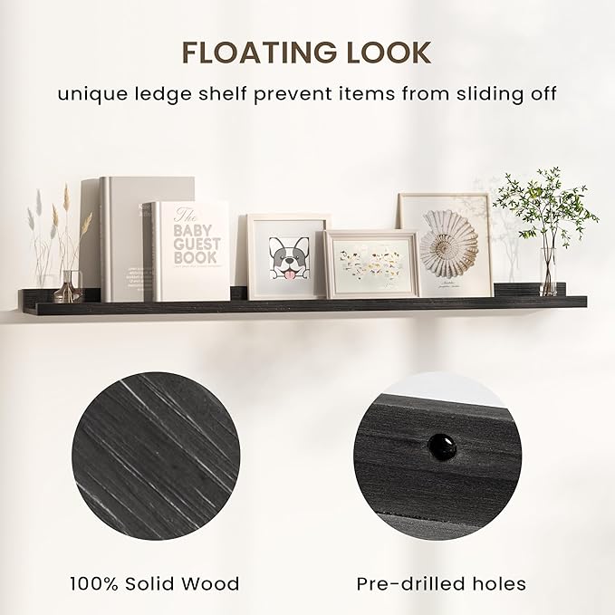 Floating Shelves for Wall, Picture Ledge Shelf 55 Inch Solid Wood Set of 2, Rustic Wall Shelves with Lip, Kids Bookshelf, Photo & Picture Live Edge Floating Shelves for Bedroom, Living Room, Kitchen