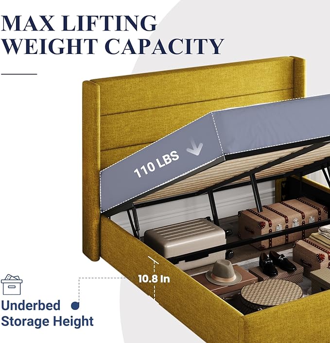 Allewie Full Size Lift Up Storage Bed, Modern Wingback Headboard, Hydraulic Support, No Box Spring Needed, Olive Yellow