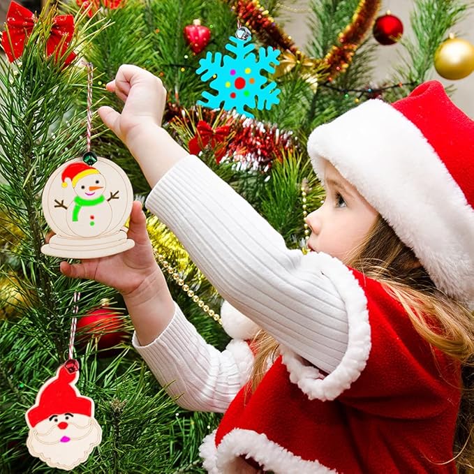 GUDELAK 60PCS DIY Wooden Christmas Ornaments, 12 Styles Christmas Crafts for Kids Adults with Ropes, 60 Bells and 12 Colored Pens, Unfinished Wood Ornaments Making Kit for Christmas Tree Decorations