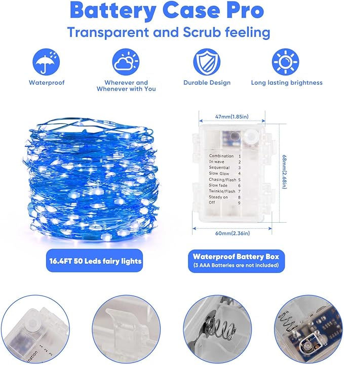 1 Pack 16.4 Ft. Battery Operated Outdoor String Lights with Remote & Timer, LED Blue Fairy Lights, Waterproof Twinkle Lights for Bedroom, Dorm, Mason Jar, Wedding, Party, Christmas