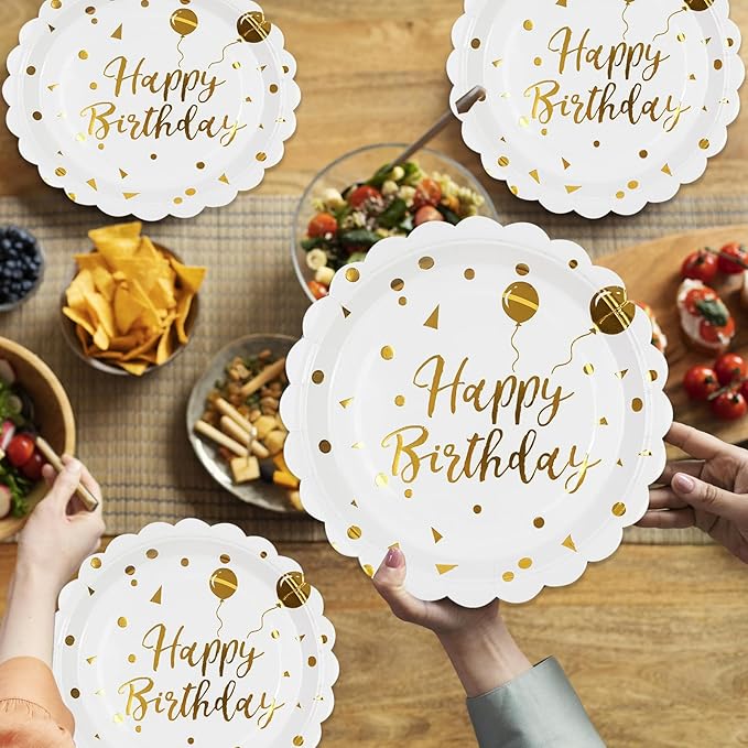 50PCS Happy Birthday Paper Plates - 7 Inch Birthday Cake Plates Scalloped White and Gold Dessert Plate Disposable Decorative Party Tableware Decorations for Birthday's Party Supplies