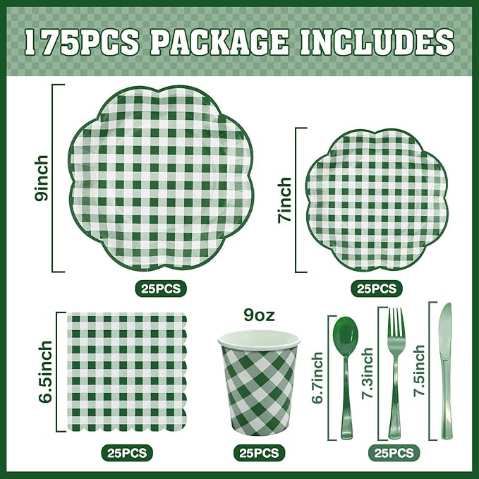 175 Pcs Green Gingham Plates and Napkins Party Supplies - Green and White Checkered Plates Sets Serve 25 Guests - Scalloped Gingham Paper Plate for Birthday Picnic BBQ Golf Party Decorations