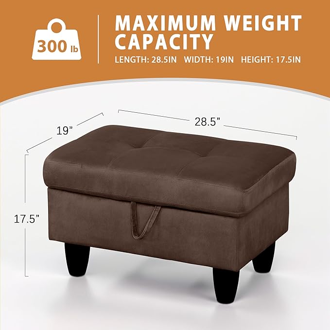 Ottoman Rectangular Storage Ottoman Bench, Flannel Footrest Stool Footstool with Lid for Living Room, Bedroom, Entryway, Chocolate, 28.5"x19"x17.5"