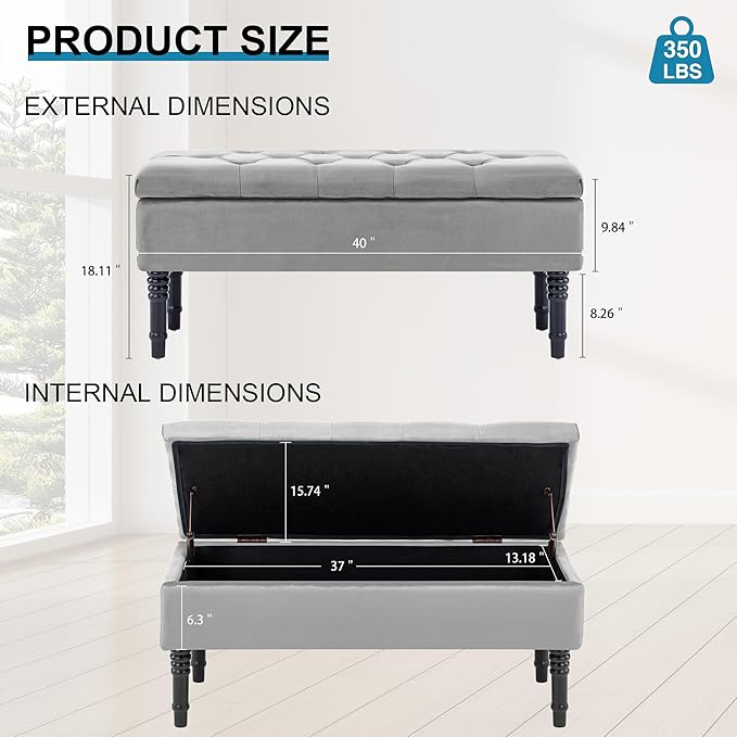 Ottoman with Storage Velvet Storage Bench Holds Up to 500 lbs Ottomans Upholstered Bench with Seating for Bedroom, Living Room, Grey