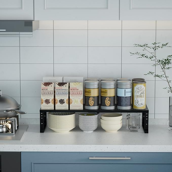 Expandable Spice Rack Kitchen Cabinet Shelf Organizer, Stackable Storage Shelves Racks, Adjustable Counter Shelving for Cabinets, Countertop, Cupboard,Pantry and More(1Pack/Black/Medium)