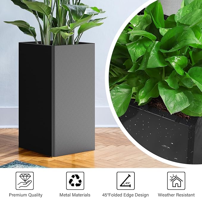 Modern Metal Planter Black – 28” Tall with Removable Insert Shelf | Heavy-Duty Outdoor & Indoor Planter Box for Patio, Porch, Garden (14x14x28in)