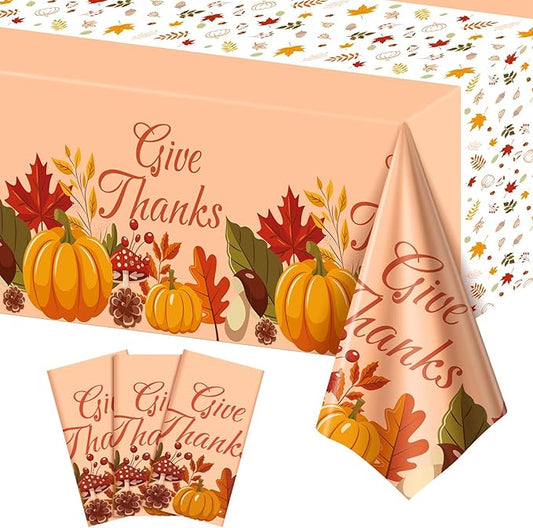 3 Pack Fall Harvest Plastic Tablecloths, 54 x 108 inch Autumn Pumpkin Maple Leaf Table Cloth for Rectangle Tables Disposable Tables Cover Fall Harvest Party Decor for Home Dinner Picnic Thanksgiving