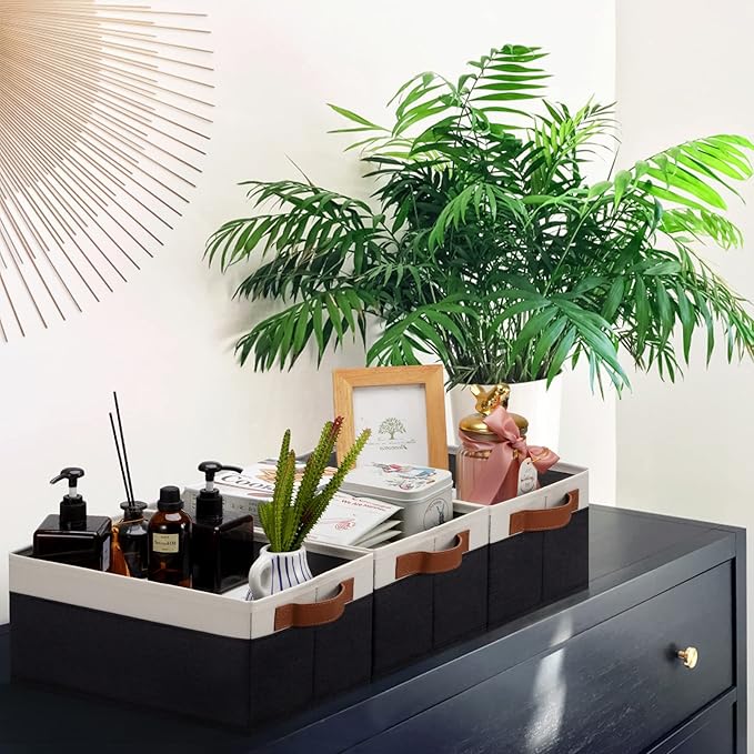 GhvyenntteS Storage Baskets for Shelves 12 Pack, Fabric Storage Bins with Leather Handles, Foldable Rectangular Storage Baskets for Organizing Home, Office (Black/White, 11.8" x 7.87" x 5.11")