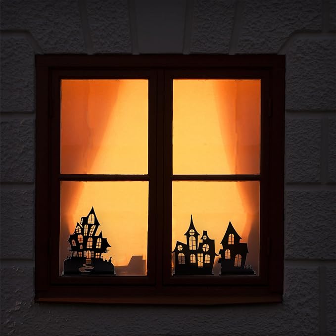 AuldHome Design Spooky Halloween House Village Silhouettes (Set of 3); Scary Haunted House Wood Statue Figurines Centerpiece Set