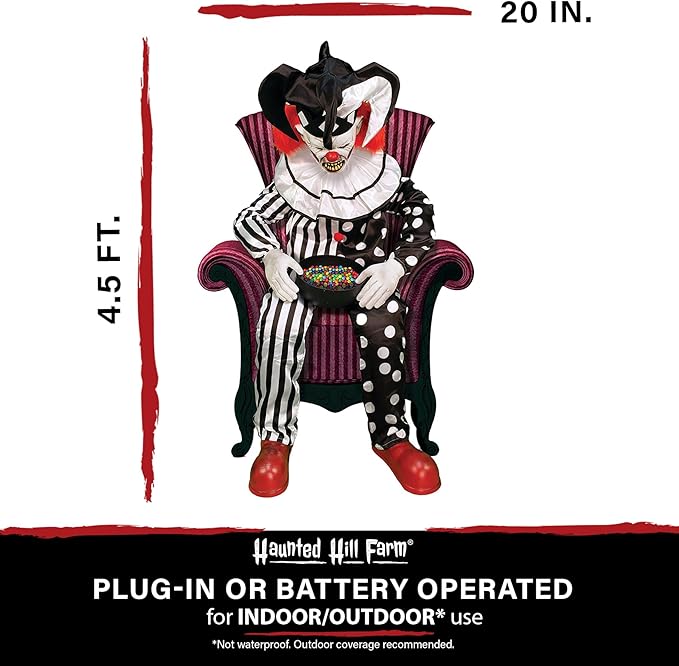 Haunted Hill Farm Hartley The Sitting Scare Clown by Tekky, Motion-Activated Talking Jump-Scare Halloween Animatronic for Halloween Party Prank Decoration, Plug-in or Battery Operated Halloween Props