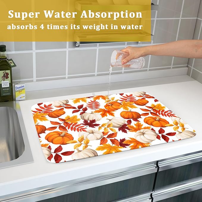 Fall Dish Drying Mat for Kitchen Counter Watercolor Pumpkins Autumn Leaves Thanksgiving Super Absorbent Reversible Microfiber Kitchen Countertop Protector Dishes Pad Large 18x24 inch