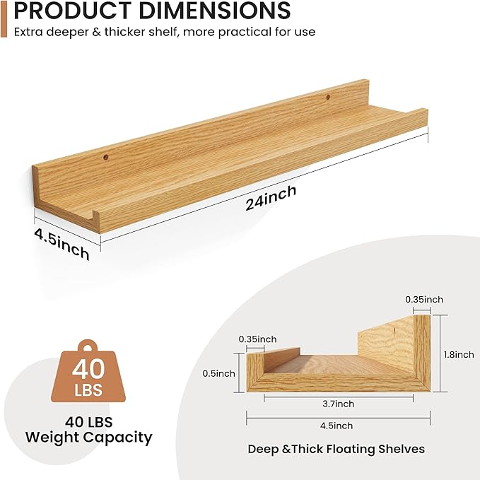 Fun Memories Picture Ledge Shelves Set of 2, 24 Inch Rustic Wall Mounted Floating Shelves with Lip for Home Storage and Décor in Bathroom, Kitchen, Nursery, Bedroom, Living Room, Oak