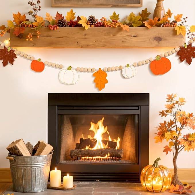 Fall Decorations for Home, Felt Pumpkin Leaves Garland and Wood Bead for Mantel, Thanksgving Decorations Indoor, Pumpkin Banner