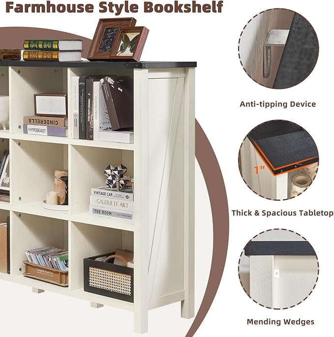 9 Cube Bookcase, Farmhouse 47 Inch Wide White Bookshelf, Wooden 3 Tier Display Large Open Book Shelf, Vintage Horizontal Book Case for Home Office, Cubby Storage Cabinet for Living Room