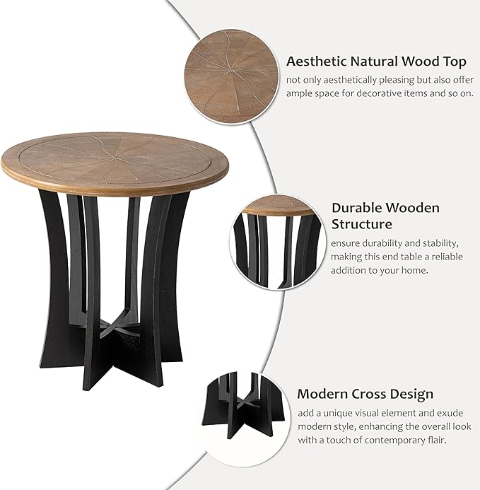 Farmhouse Round End Table with Criss-Cross Wood Legs, Rustic French Country Side Table for Dinning or Living Room, Modern, Black, Natural Wood, 23.62’’W*23.62’’D*23.22’’H
