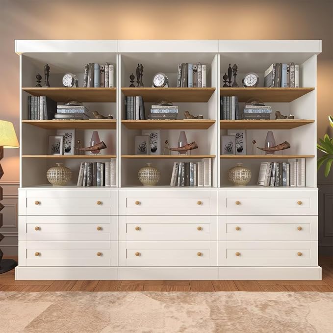 Vyre 71" Tall Farmhouse Bookshelves with Drawers, Set of 3 – Large Modular Bookcase with Adjustable Shelves, Storage Cabinet for Living Room, Kitchen, Home Office, White