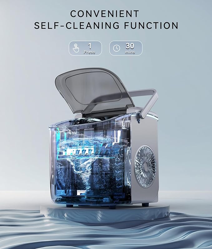 ecozy Portable Ice Maker Countertop, 9 Cubes Ready in 6 Mins, 26lbs in 24Hrs, Self-Cleaning Ice Machine with Handle/Ice Bags/Ice Scoop/Ice Basket, 2 Sizes Bullet Ice for Home Kitchen Office Bar Party