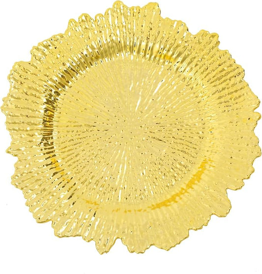 Antique Charger Plates Set 13'' Round Embossed Dinner Plate Chargers Plastic Elegant Floral Plates for Dinner Wedding Party Event Table Kitchen Decoration 100PCS (Gold 24Pcs)