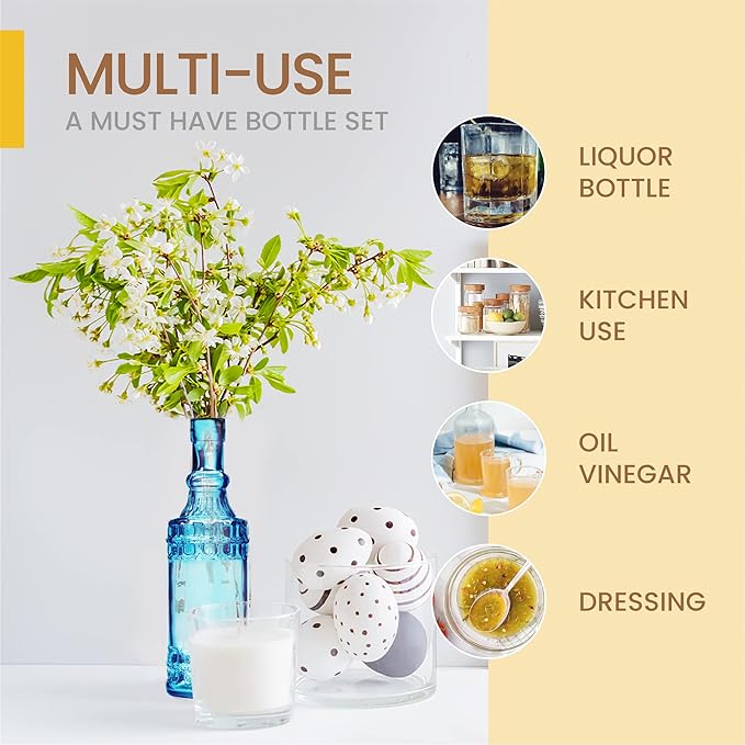 Assorted Blue Glass Bottles with Corks, 6 Pack, 2.5in X 9in, 16oz