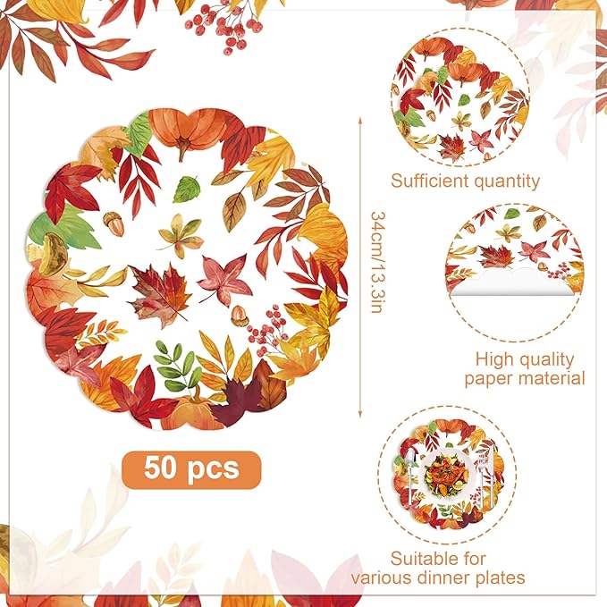 50Pcs Thanksgiving Fall Round Paper Placemats,13.4 Inch Autumn Maple Leaves Round Table Mats Fall Scalloped Disposable Placemats for Harvest Birthday Thanksgiving Party Supplies