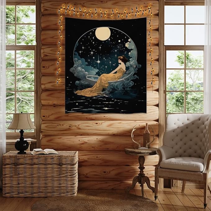 Dark Academia Tapestry Celestial Moonlit Bathing Lady Print Trendy Aesthetic Gothic Wall Hanging Vintage Art Nouveau Tapestries Wall Decor for Bedroom Living Room Dorm 30x40inch