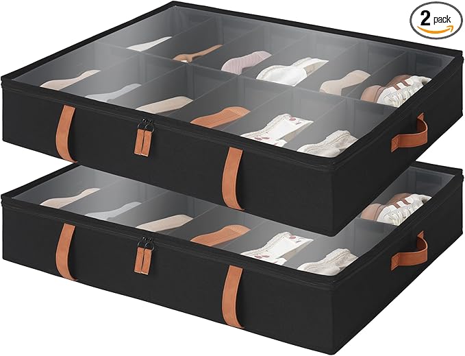 StorageWorks Shoe Organizer Under Bed for Closet, 2-Pack Ultra-thick Fabric Shoe Storage Containers with Bottom Support and Adjustable Dividers, Fits up to 24 Pairs, Black