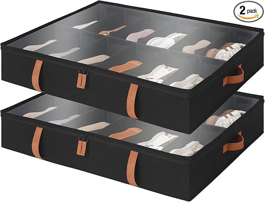 StorageWorks Shoe Organizer Under Bed for Closet, 2-Pack Ultra-thick Fabric Shoe Storage Containers with Bottom Support and Adjustable Dividers, Fits up to 24 Pairs, Black