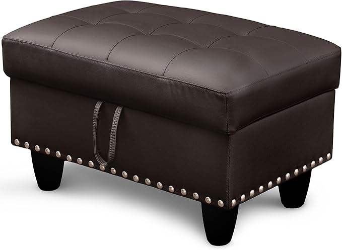 Ottoman Rectangular Storage Ottoman Bench, Faux Leather Footrest, Coffee Table, Stool Footstool with Hinged Lid for Living Room, Bedroom, Entryway, Brown, 28.5"x19"x17.5"