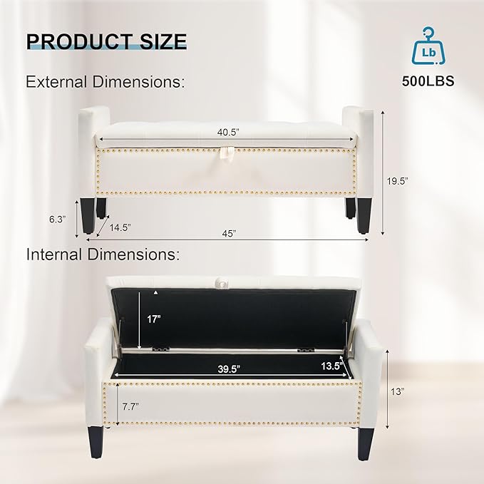 Storage Ottoman Bench, Velvet Upholstered Footstool for Bedroom and Living Room, Tufted Seat with Storage, Wooden Legs & Metal Rivets, Beige