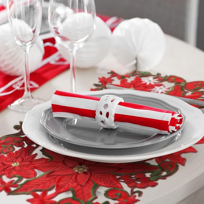 6 Pcs Embroidered Christmas Placemats - Holiday Applique Poinsettia Red Placemats - 11 x 17 Inch