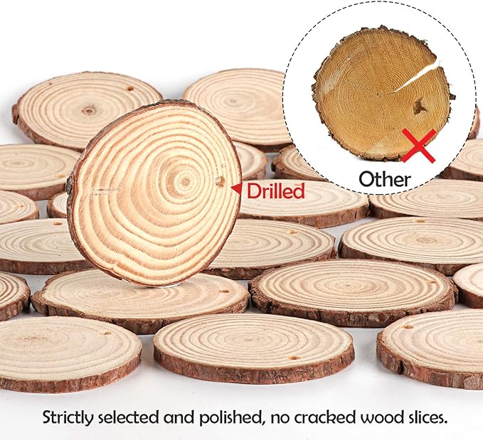 50Pcs Wood Slices 2.4"-2.8" Unfinished Wood Rounds with Pre-drilled Hole and 66Feet Twine String, Natural Wood for Crafts for Home Decor Painting DIY Christmas Ornaments Party Wedding Decor