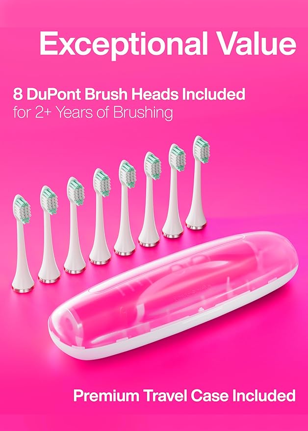 Aquasonic Vibe Series Ultra-Whitening Toothbrush – ADA Accepted Electric Toothbrush - 8 Brush Heads & Travel Case – 40,000 VPM Motor & Wireless Charging - 4 Modes w Smart Timer – Electric Pink