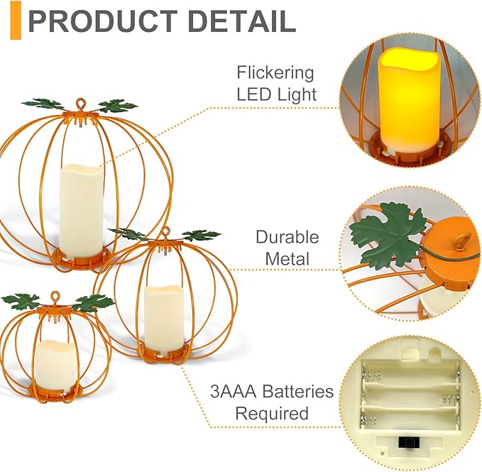 Halloween Light Up Pumpkin Lantern, 3 Pcs Metal Orange Pumpkin Candle Holders with Timer Flickering Yellow LED Candle Lights for Thanksgiving Halloween Harvest Fall Home Decor
