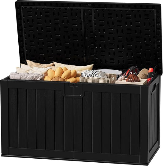 JUMMICO 250 Gallon Outdoor Resin Deck Box with Divider, Waterproof Storage Box with Lockable Lid&Side Handles for Garden Tools, Pools Supplies (Black)