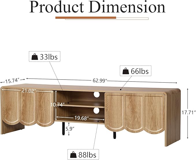 ORRD 63'' TV Stand, Modern TV Console Table Wave Panel Television Stands Entertainment Media Center with Storage Compartment and Sliding Door for Living Room (Natural)