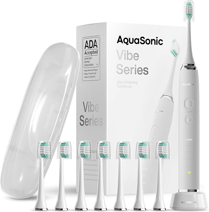 Aquasonic Vibe Series Ultra-Whitening Toothbrush – ADA Accepted Electric Toothbrush - 8 Brush Heads & Travel Case – 40,000 VPM Motor & Wireless Charging - 4 Modes w Smart Timer – Optic White
