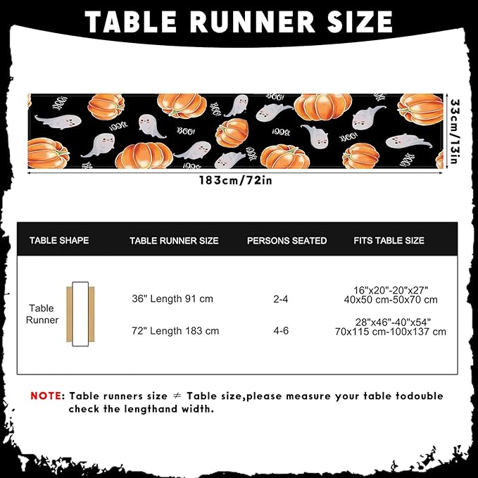 Halloween Table Runner Spooky Ghost Pumpkin Table Runner for Home Party Holiday Indoor Outdoor Table Decoration Halloween Table Decoration Kitchen Dining Table Decor 13 x 72 Inch (Black)