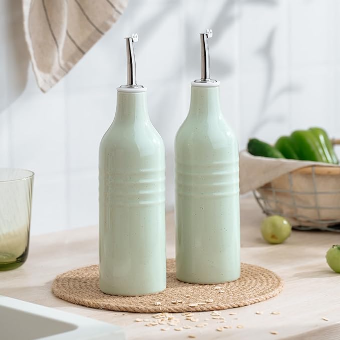 famiware Jupiter 16oz Ceramic Olive Oil Dispenser Bottle, Olive Oil and Vinegar Dispenser Bottle Set of 2 with Stainless Steel Pourers, Suitable for Storage Vinegar, Liquids, Light Green